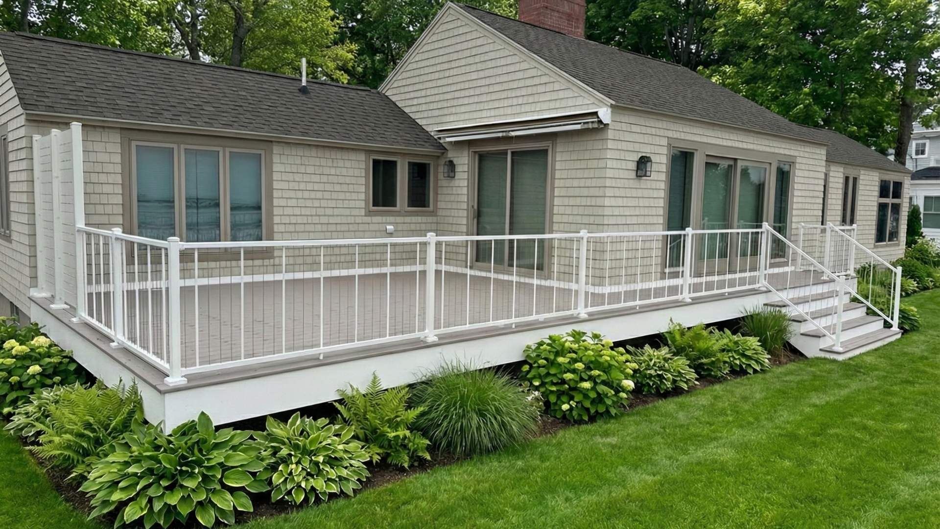 Light colored Timbertech decking and modern vertical cable railing with privacy panels on a oceanside home.. This image is promoting custom deck design by Deck Teck