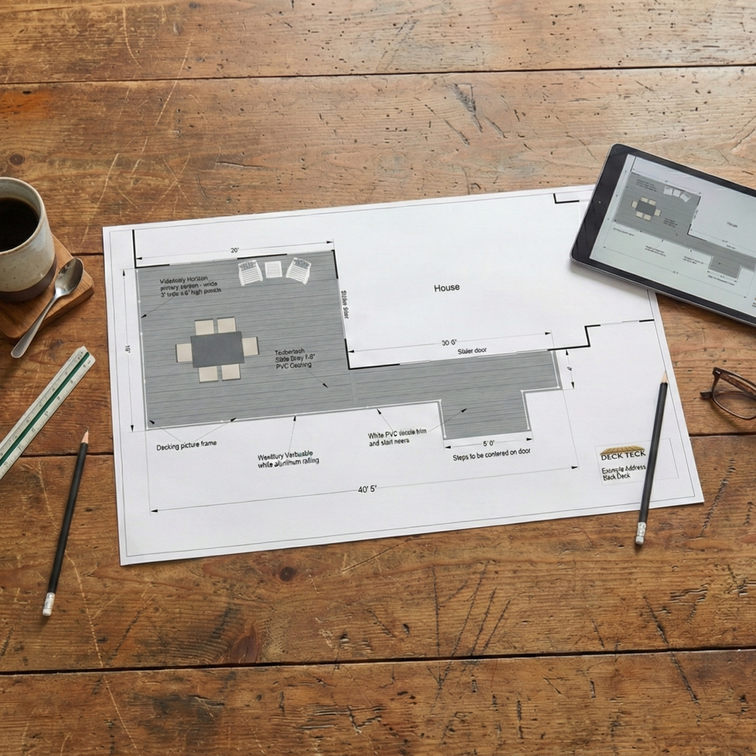 2D deck designs displayed on paper and a tablet laying on a rustic table with a coffeecup, ruler, and pencil surrounding.