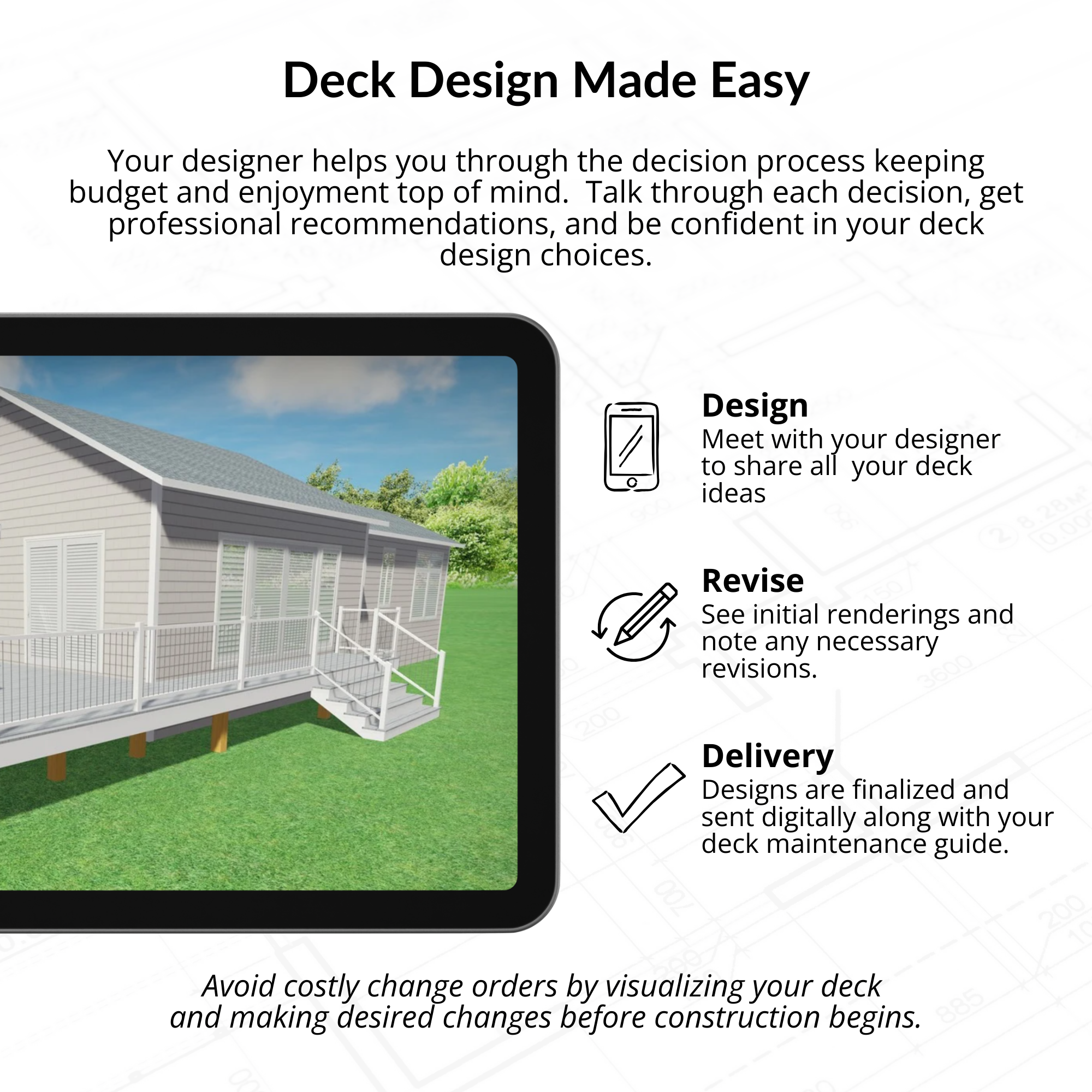 Deck design made easy graphic indicating a simple design process that includes design, revise, and deliver. The graphic also shows a tablet with a 3D rendering of a back porch.