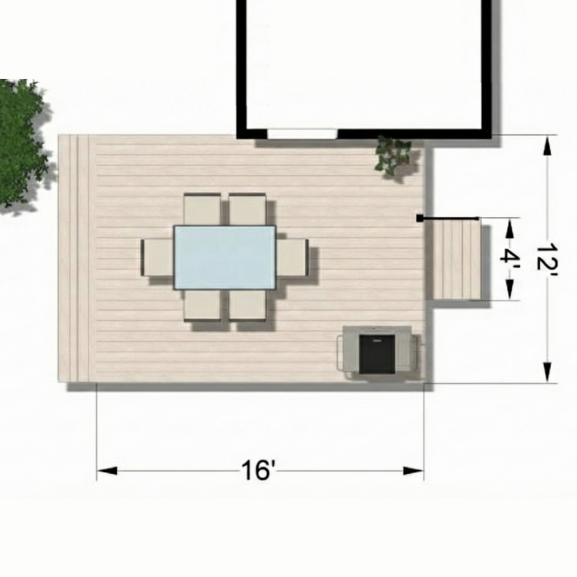 2D rendering of a 12'x16' back deck