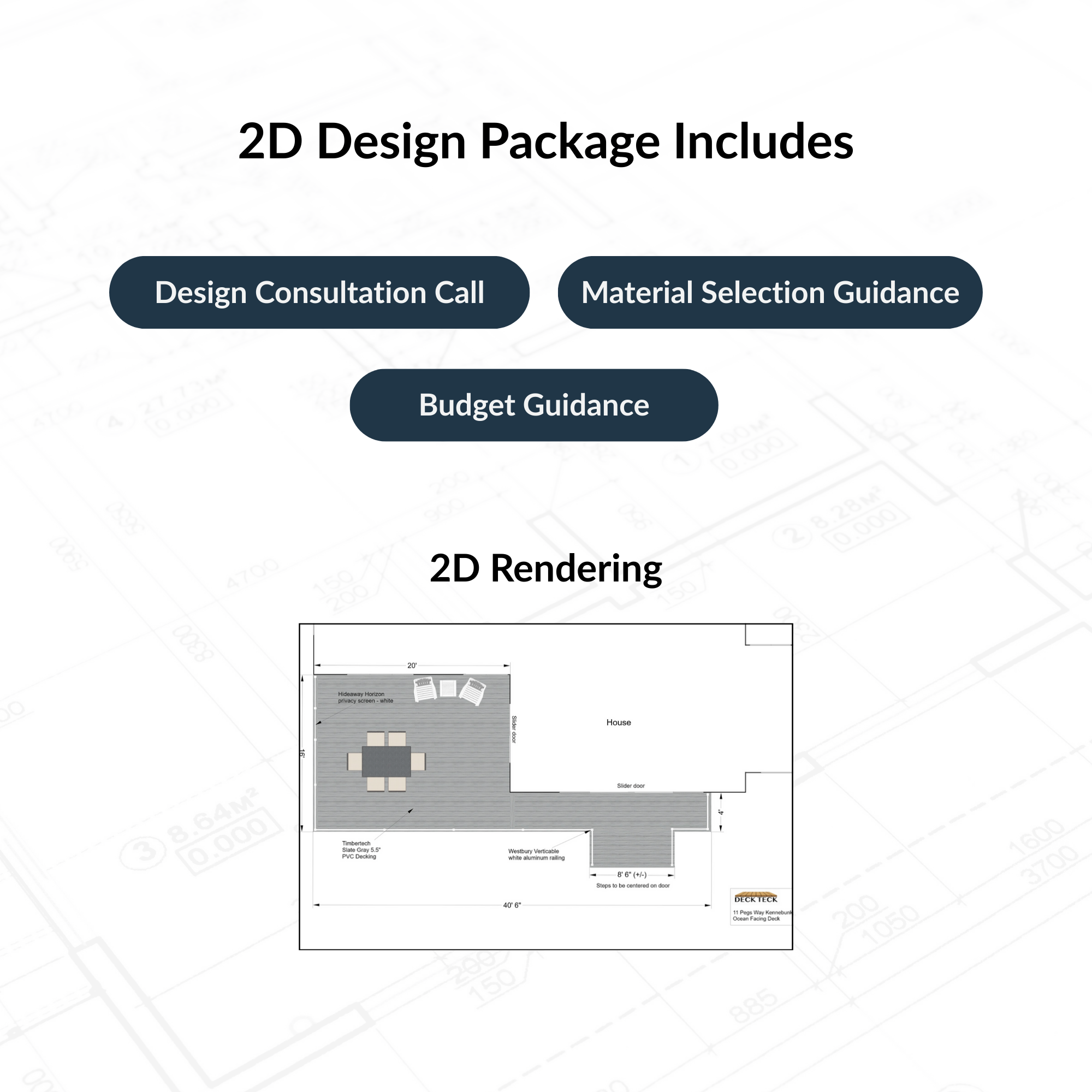 A listing of the Deck Teck Premium 2D Design package features