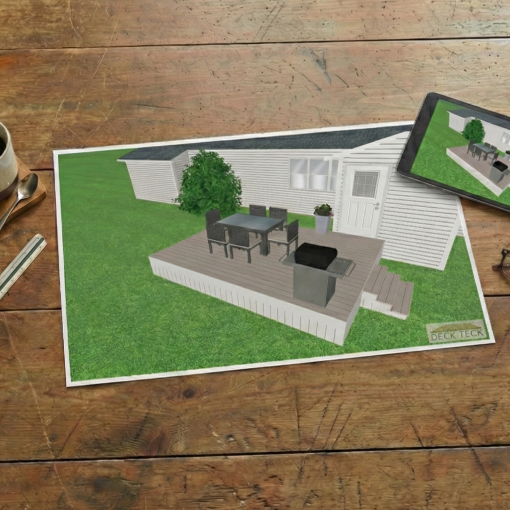 3D deck designs displayed on paper and a tablet laying on a rustic table with a coffeecup, ruler, and pencil surrounding.