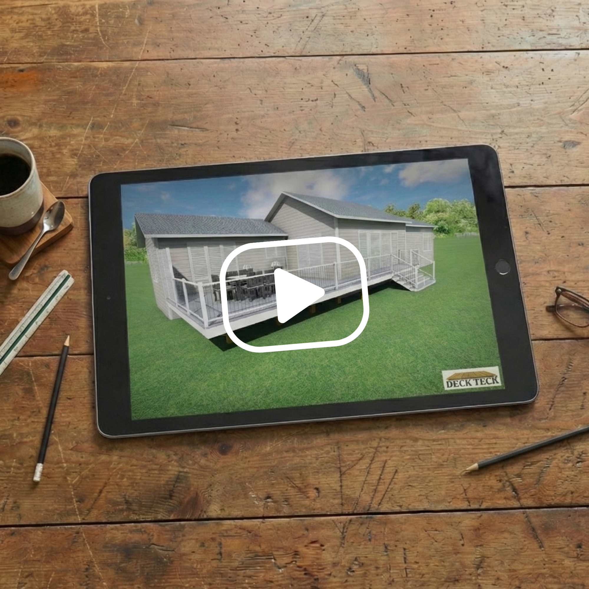Premium 3D deck designs with a video icon displayed on paper and a tablet laying on a rustic table with a coffeecup, ruler, and pencil surrounding.