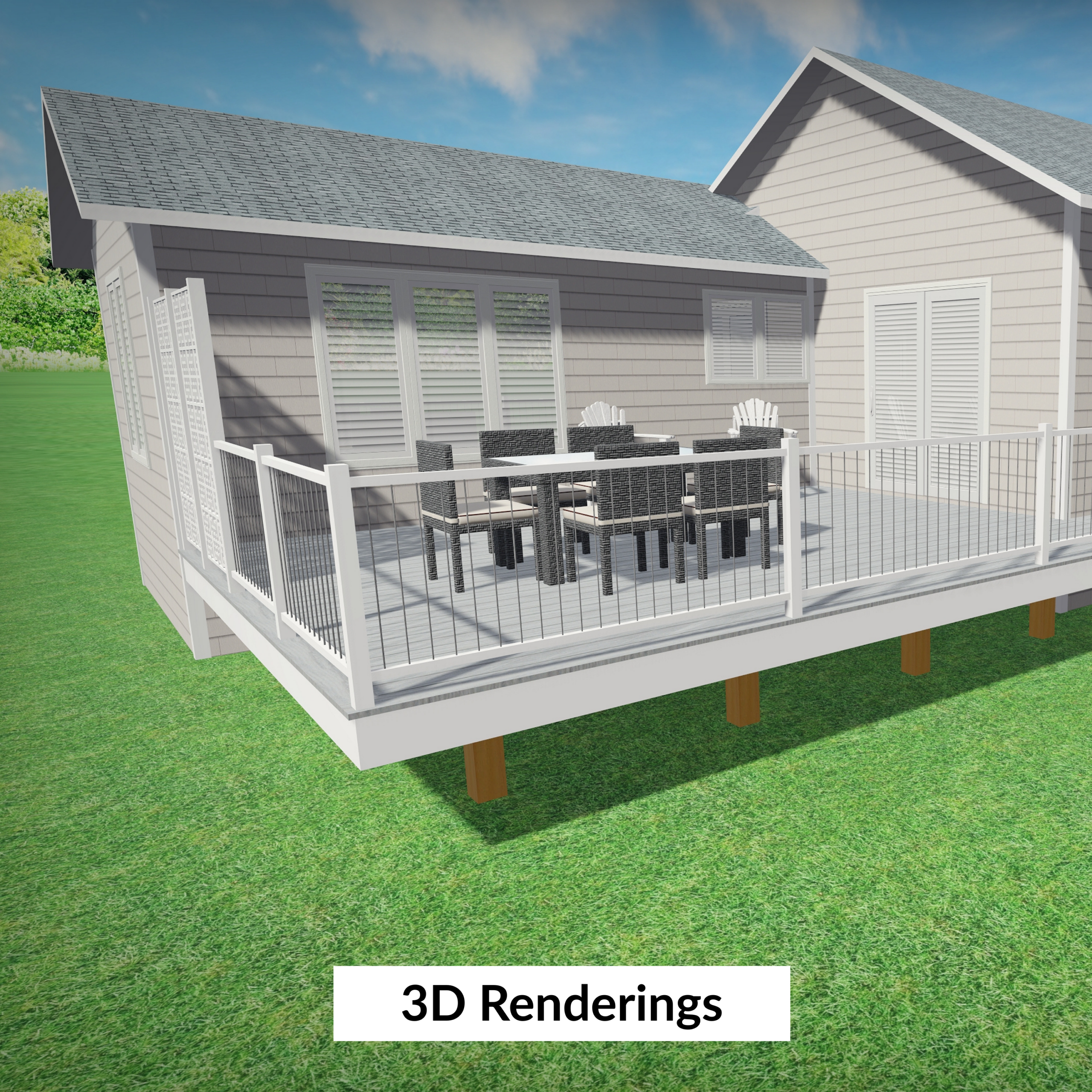 An example 3D rendering showing light colored Timbertech decking, vertical cable railing on a single story home.
