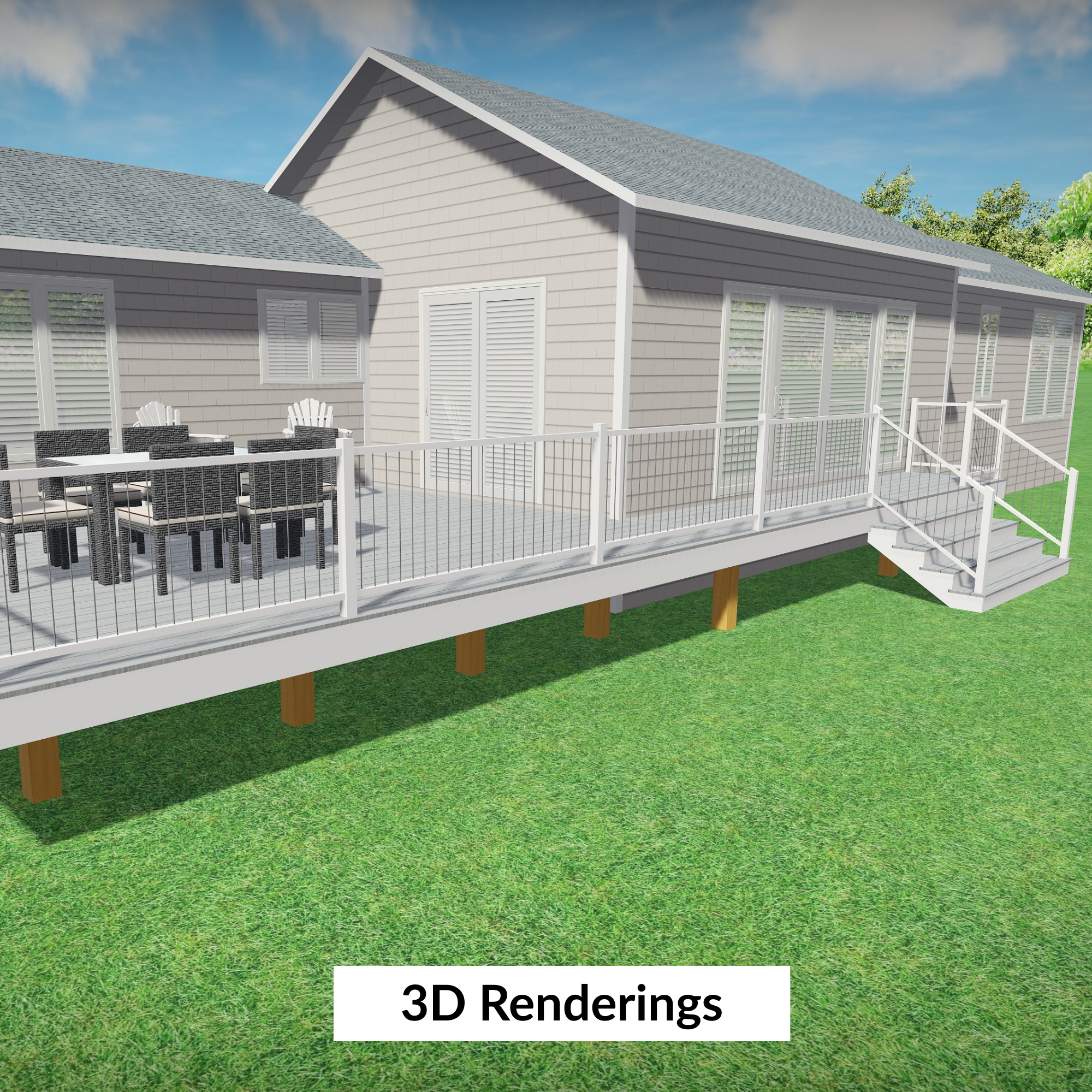 A 3D rendering of a light colored TimberTech deck with vertical cable railings