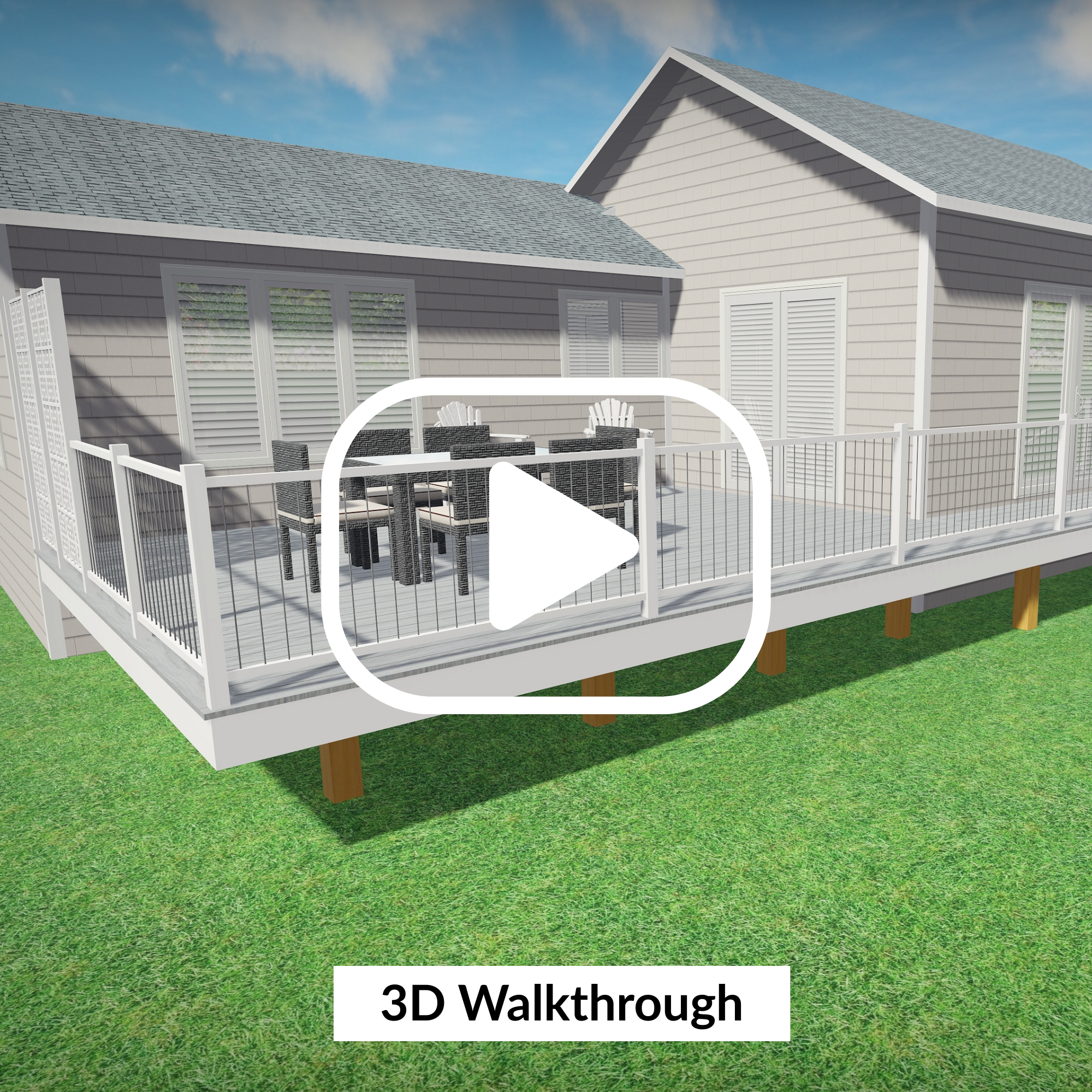3D Rendering of a back deck design by Deck Teck with a video icon on top.