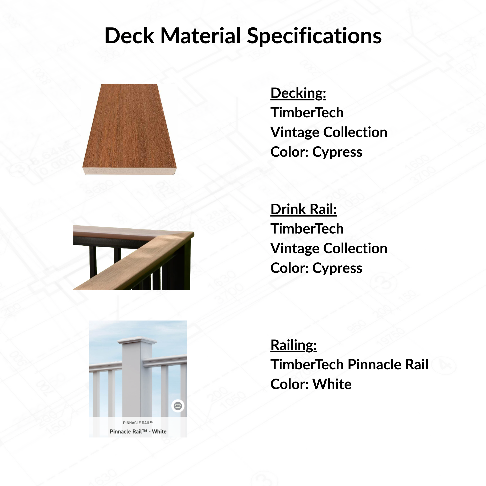 An example of Deck Teck's deck material specification list