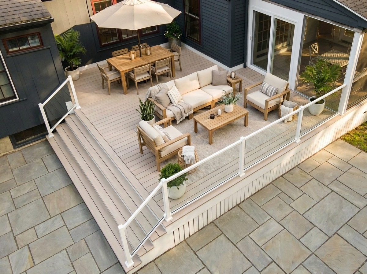 Gorgeous light colored Timbertech deck with wide 3 step staircase, glass railings, flagstone patio, and wooden deck furniture with comfortable light colored cushions and matching umbrella. Deck designed and installed by Deck Teck.